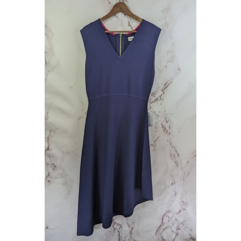 Eliza J Dress Women Large 12 14 Navy Blue Assymetric Sleeveless Zip Midi V Neck